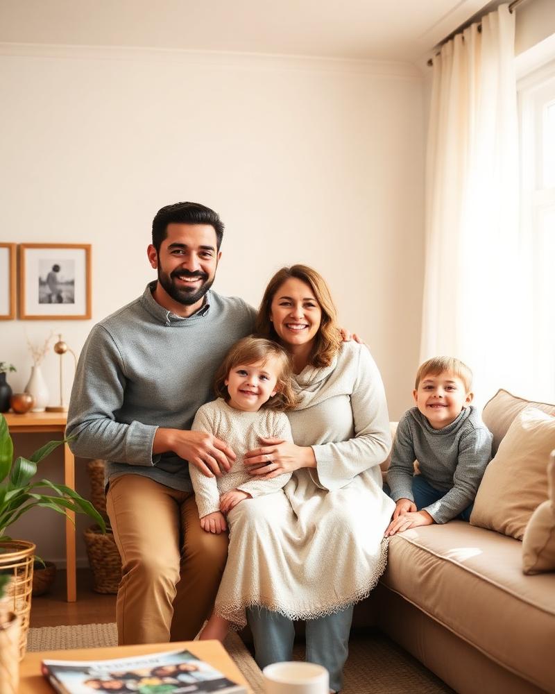 A family of four together at home